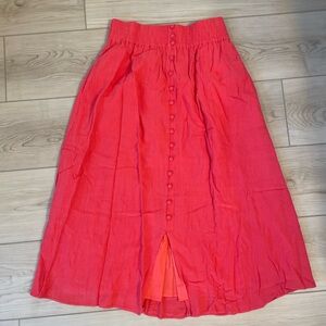 Madewell Coral-Red Button Front Midi Skirt XXS | Lined A-Line Summer Skirt